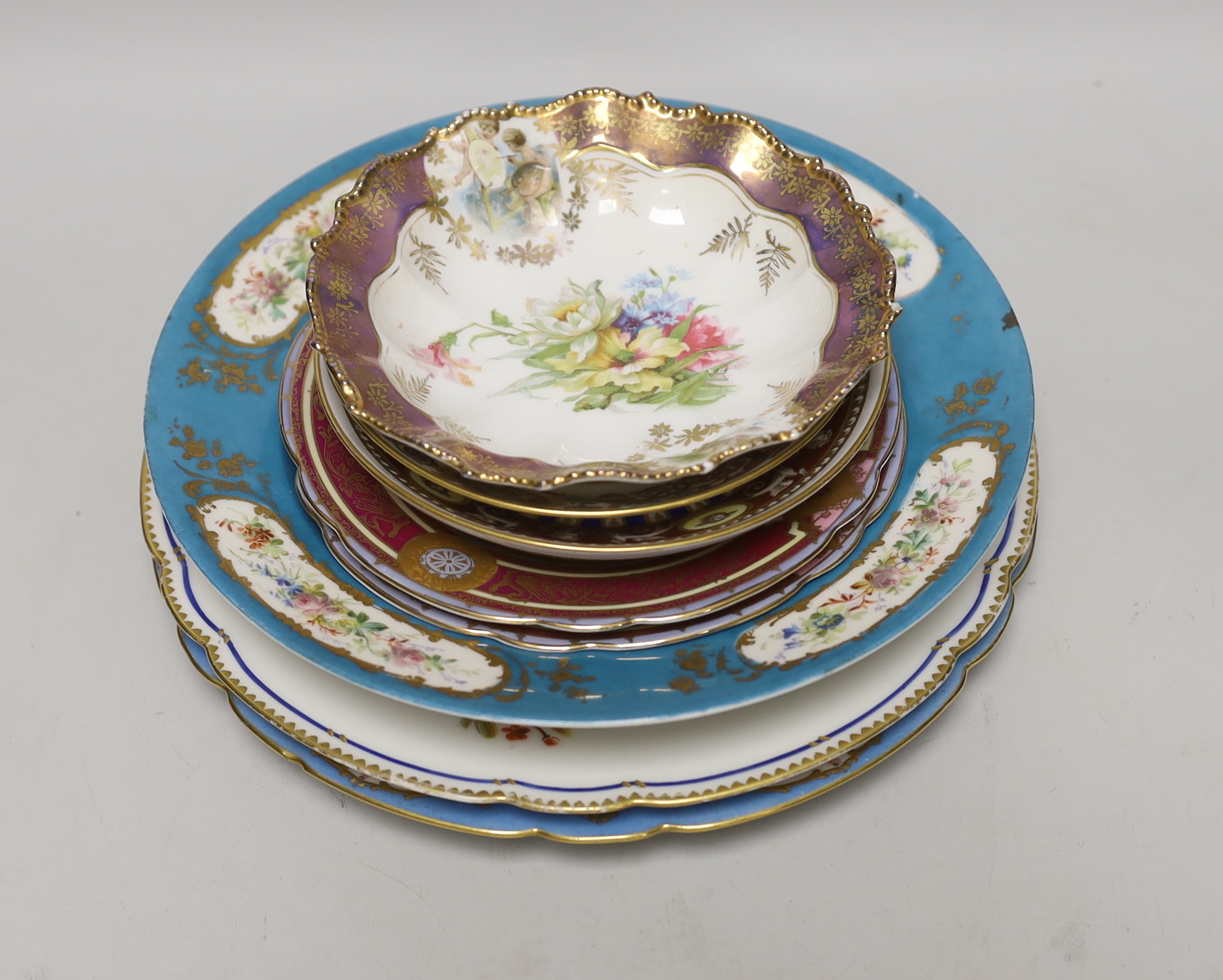 Three Sevres style porcelain cabinet plates and five Continental porcelain saucers, 19th/early 20th century, largest 23.5cm